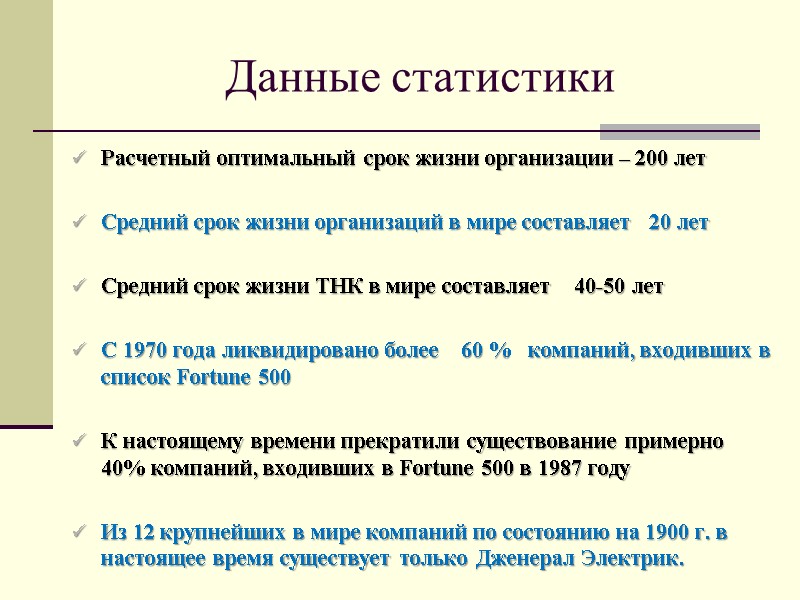 Данные статистики Расчетный оптимальный срок жизни организации – 200 лет  Средний срок жизни
